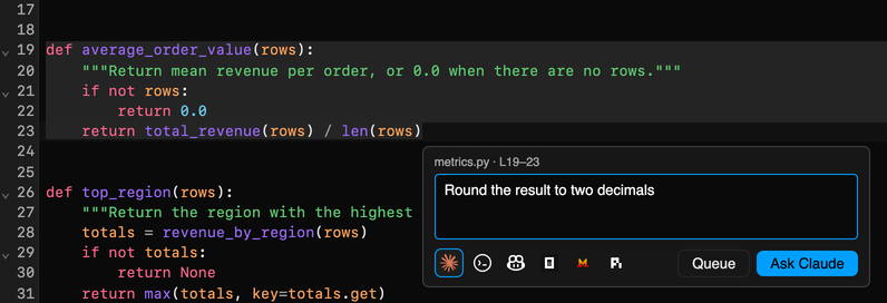 The prompt box below a selected function in the editor, with the instruction "Round the result to two decimals" and one button per agent