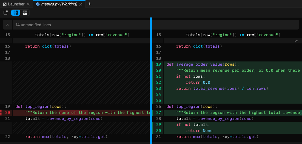 A side-by-side diff of metrics.py with added lines highlighted on the right