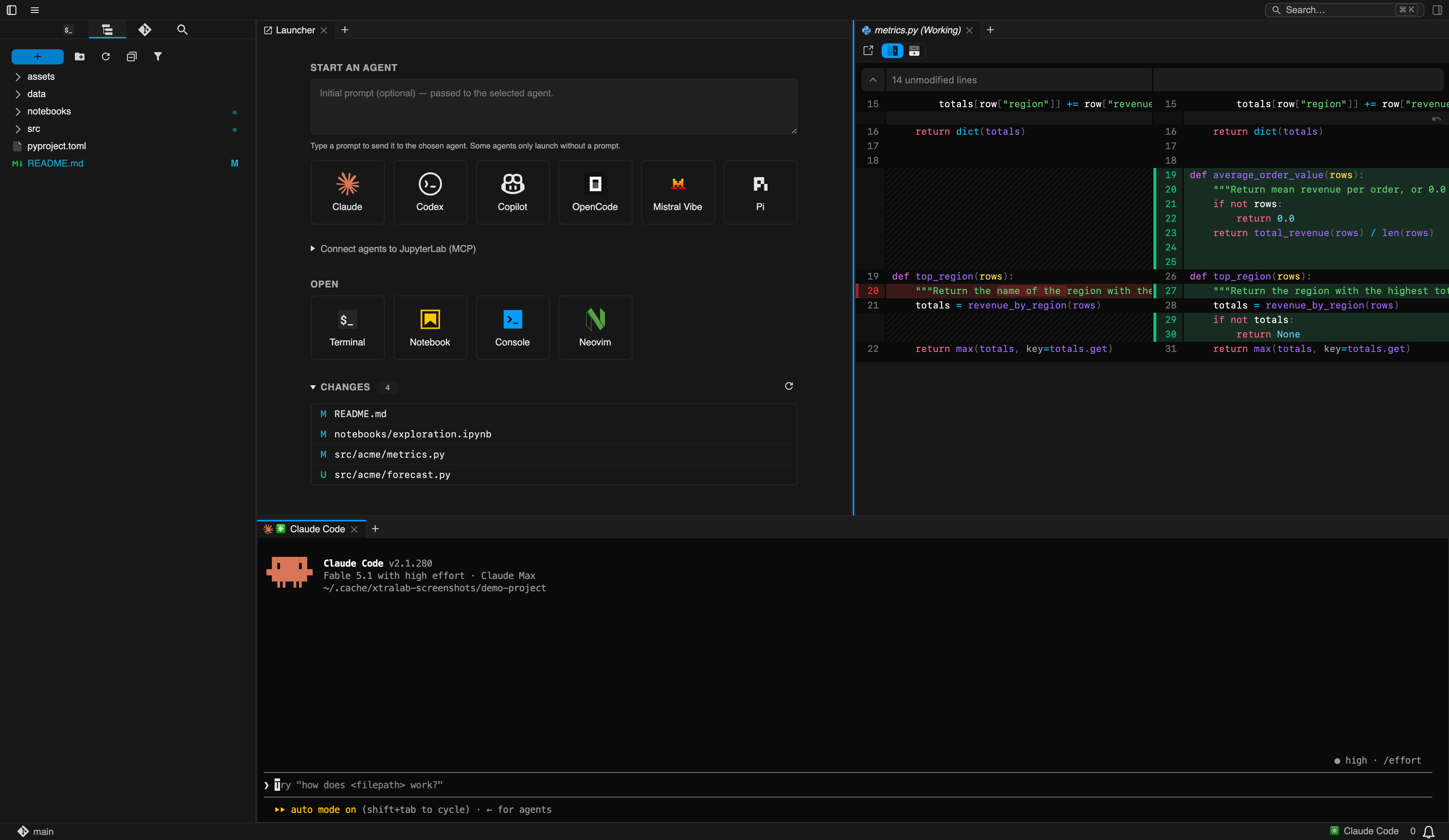 The xtralab workspace: file browser, agent launcher, a side-by-side git diff, and a running Claude Code session