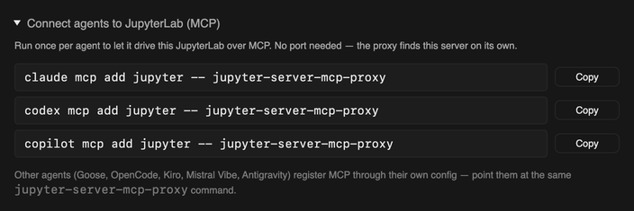 The expanded MCP section with one registration command and a Copy button per installed agent
