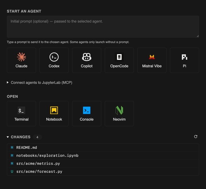 The launcher: a prompt box, one button per installed agent, the Open section, and the list of changed files