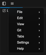 The menu button open, with the File, Edit, View, Git, Tabs, Settings, and Help menus