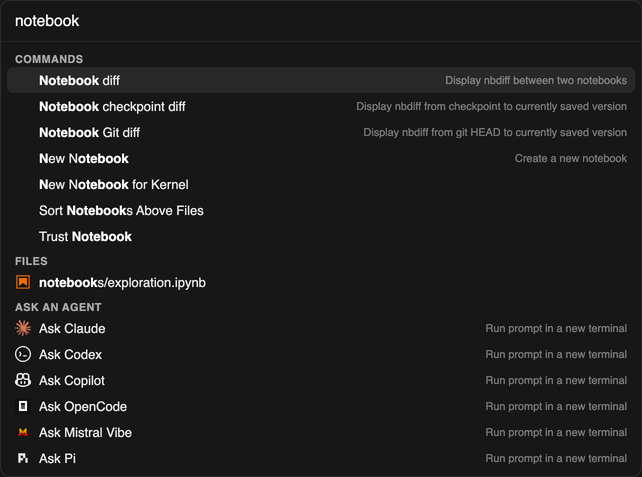 The omnibox with the query "notebook": matching commands, the matching notebook file, and one Ask row per agent