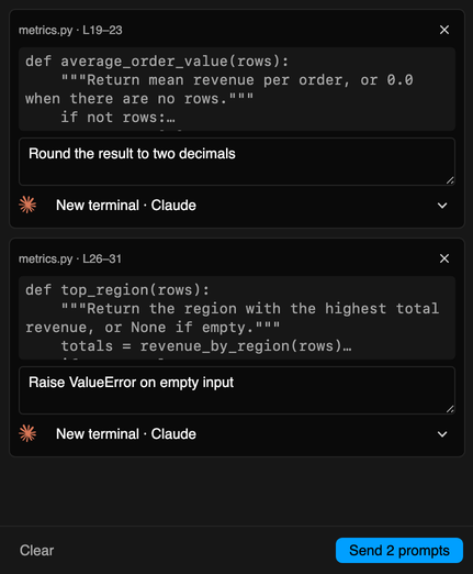 The Prompt Queue panel with two queued prompts about metrics.py and the Send 2 prompts button