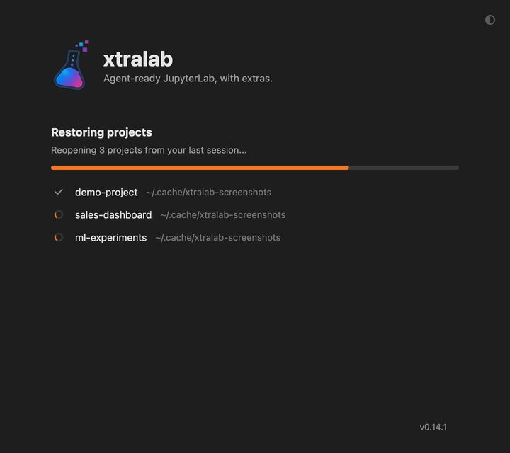 The launcher window restoring three projects: one is open, two are starting